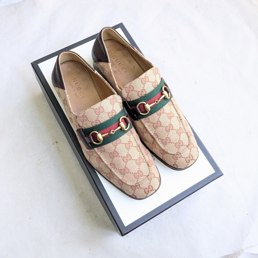 Gucci Horsebit Loafers Monogram Brown Tan Men 8.5 Logo GG